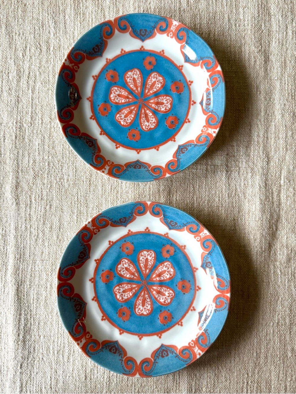 Anthropologie Salad/Dessert Plates, SET/2, Discontinued, Blue/Orange, 7.5”